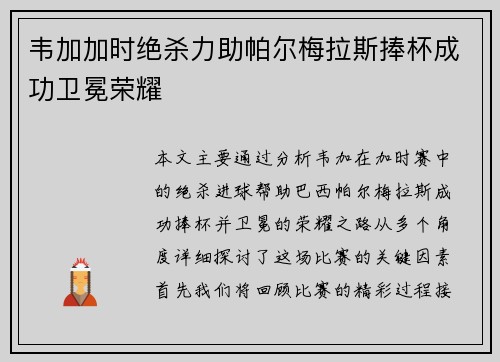 韦加加时绝杀力助帕尔梅拉斯捧杯成功卫冕荣耀