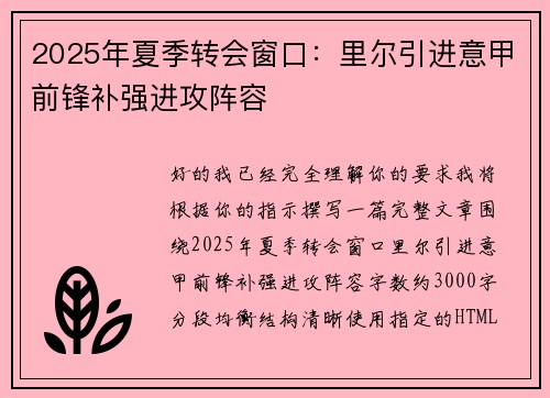 2025年夏季转会窗口：里尔引进意甲前锋补强进攻阵容